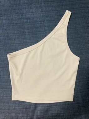 One-Shoulder Ribbed Crop Top in Light Beige
